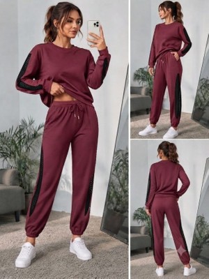 Alyn Wear Kadın Uzun Kollu Bisiklet Yakalı File Tül Detaylı Viskon Iki Iplik Bluz ve Pantolon Ikili Takım
