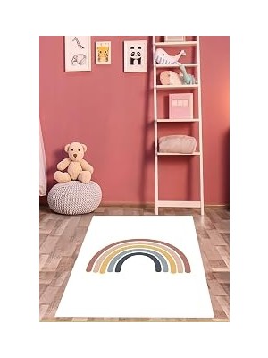 TeknoKapsül Pelangi Gökkuşağı Desenli Makrome Temalı Yıkanabilir Kaymaz Taban Leke Tutmaz Çocuk Odası Halısık, Çok Renkli-Beyaz 160 x 240, 76420271602401