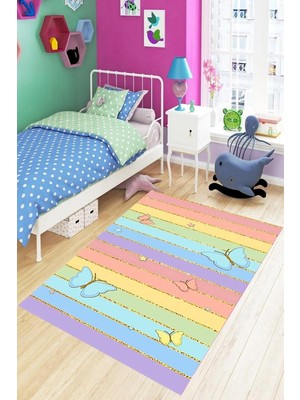 TeknoKapsül Pelangi Kelebek Desen Gold Şeritli Renkli Dijital Baskı Yıkanabilir Kaymaz Taban Genç Kız Çocuk Odası Halısı, Karışık Renkli 80 x 600