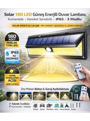 OEM Solar 180 LED Güneş Enerjili Duvar Lambası, Kumandalı, Hareket Sensörlü, IP65 Su Geçirmez, 3 Modlu, Dış Mekan Bahçe &amp; Garaj Aydınlatması
