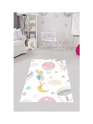 TeknoKapsül Pelangi Uçan Balon Bulut Desenli Halı Dijital Baskı Yıkanabilir Kaymaz Taban Leke Tutmaz Çocuk Odası Halısı, Beyaz 100 x 350