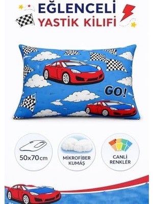TeknoKapsül Lüks%80 Pamuklu Tek Kişilik Nevresim Takımı Çocuk Desen Kırmızı Araba Desen + Lastikli Çarşaf +1 Adet Yastık Kılıflı (Mavi-Araba)