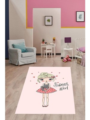 TeknoKapsül Pelangi Sweet Girl Kız Desenli Dijital Baskı Yıkanabilir Kaymaz Taban Çocuk Genç Odası Halısı, Açık Pembe 80 x 600