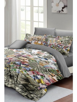 TeknoKapsül Monohome Classic Money Çift Kişilik Nevresim Takımı 3D Pamuk Saten, Gri, MONOHOME68189