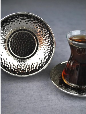 OEM 6 Adet Metal Çay Tabağı Dövme Desenli Çay Tabak 10 cm Gümüş