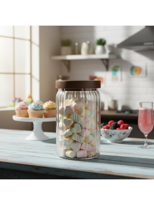 OEM Akasya Kapaklı Çizgili Cam Kavanoz (750 Ml) | Hava Geçirmez, Modern Fitilli Tasarım Gıda Saklama Kabı | Bakliyat, Kahve, Çay ve Kuruyemiş Kavanozu (9X15 Cm)