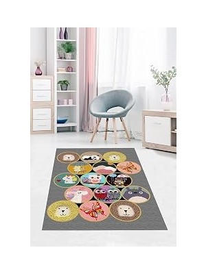 TeknoKapsül Pelangi Animal Desenli Hayvan Figürlü Dijital Baskılı Yıkanabilir Kaymaz Taban Çocuk Odası Halısı, Karışık Renkli 100 x 300