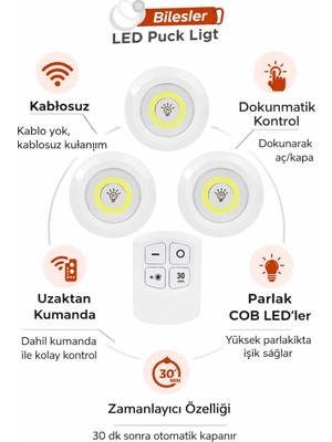 OEM Kablosuz LED Dokunmatik Işık Seti (3’lü), Uzaktan Kumandalı, Beyaz Işık, Ayarlanabilir Parlaklık, Zamanlayıcılı, Pil ile Çalışan Dolap ve Mutfak Altı Aydınlatma