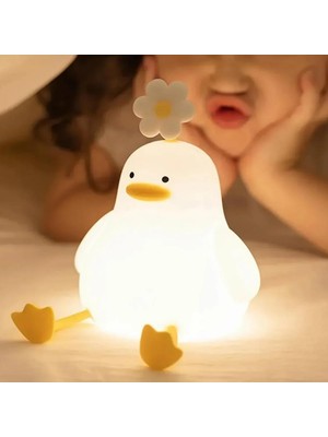 OEM Sevimli Tasarım Çocuk Gece Lambası, LED Duck Şeklinde, Çiçek Detaylı, Beyaz ve Sarı Renk, Dekoratif Masa Lambası, Şarj Edilebilir Çocuk Odası Aydınlatması