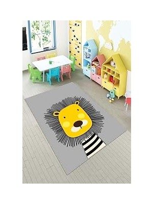 TeknoKapsül Pelangi Gri Aslan Desenli Yıkanabilir Kaymaz Taban Leke Tutmazbebek ve Çocuk Odası Halısı, Gri-Sarı 160 x 230