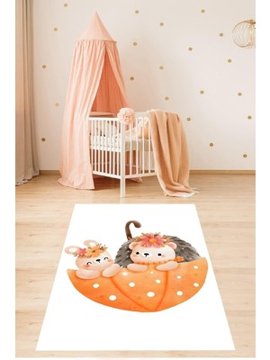 TeknoKapsül Pelangi Şemsiyedeki Ayıcık ve Tavşan Sevimli Hayvan Yıkanabilir Kaymaz Taban Leke Tutmaz Çocuk Odası Halısık, Turuncu-Kahve-Beyaz 160 x 240, 76420501602401