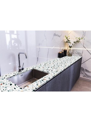 TeknoKapsül Stickerart Tezgah Üstü Fayans Kaplama Folyosu Mutfak Tezgahı Kaplama Terrazzo Döşeme 70 cm x 5 Metre