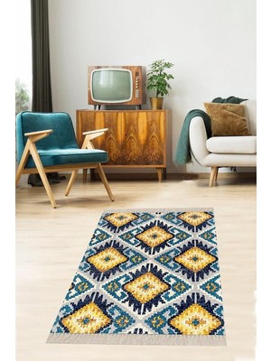 TeknoKapsül Pelangi Geometrik Karo Desenli Dijital Baskı Yıkanabilir Kaymaz Taban Modern Salon Halısı ve Yolluk, Yeşil-Turuncu 160 x 300