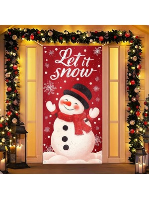 TeknoKapsül Blissyard Merry Christmas Kapı Örtüsü 171 x 71 cm Tatil Ön Sundurma Kapı Afiş Dekorasyon Kış Kırmızı Kardan Adam Siyah Şapka Eşarp ile Let It Snow Teması Tatil Partisi Iç Mekan Dış Mekan Dekoru