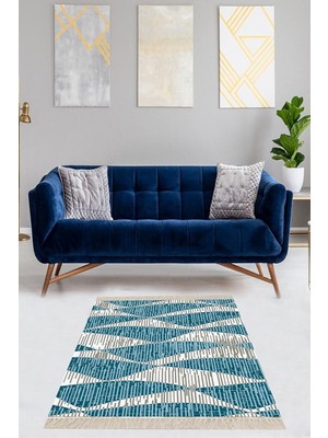 TeknoKapsül Pelangi Geometrik Desenli Dijital Baskı Yıkanabilir Kaymaz Taban Modern Salon Halısı ve Yolluk, Mavi 160 x 240, 425480416024005