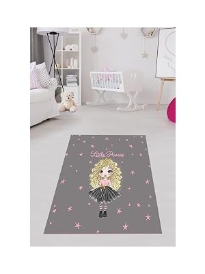 TeknoKapsül Pelangi Little Princess Pembe Yıldız Desen Dijital Baskı Yıkanabilir Kaymaz Taban Çocuk Odası Halısı, Gri-Pembe 180 x 250