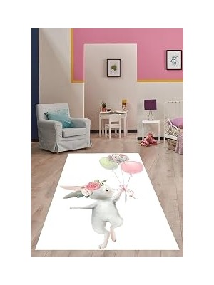TeknoKapsül Pelangi Beyaz Zemin Balonlu Tavşan Desenli Yıkanabilir Kaymaz Taban Leke Tutmaz Çocuk Odası Halısı, Beyaz-Gri-Pembe 80 x 500, 7642012208050005
