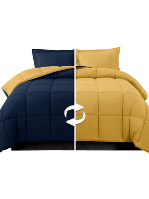 TeknoKapsül Elegant Comfort 3 Parça Ters Çevrilebilir Yorgan Seti, Dört Mevsim Rahat, Yumuşak Kuş Tüyü Alternatif, Kapitone - Kutu Dikişli - 4 Köşe Sekmeli Nevresim Takımı, Süslü Yorgan, Kral, Lacivert/sarı