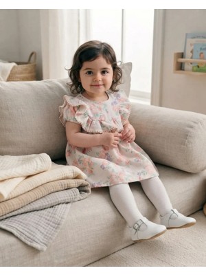 Tuffy Kız Bebek Desenli Müslin Bej Elbise Yazlık Rahat Model
