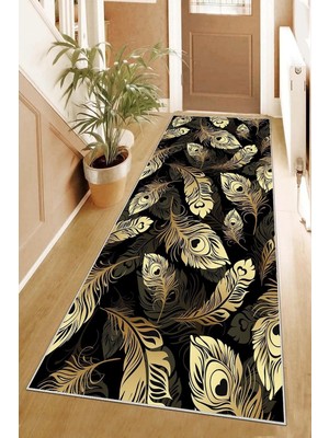 TeknoKapsül Pelangi Gold Kuş Tüyü Desenli Dijital Baskı Yıkanabilir Kaymaz Taban Modern Salon Halısı ve Yolluk, Gold-Siyah 100 x 400, 95548601004007