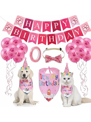OEM Evcil Hayvan Doğum Günü Süsleme Seti Pembe – Köpek ve Kedi Için Birthday Party Konsept Paketi – Balon, Happy Birthday Banner, Bandana, Papyon, Şapka ve Parti Aksesuarları