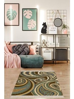 TeknoKapsül Pelangi Osmanlı Şal Desen Dijital Baskı Yıkanabilir Modern Salon Halısı ve Yollu, Yeşil 100 x 500
