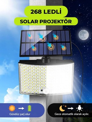 OEM 268 Led'li Solar Projektör 60W Güneş Enerjili 5 mt Kablo Sensörlü Kumandalı Heroled Dış Mekan Aydınlatma IP65
