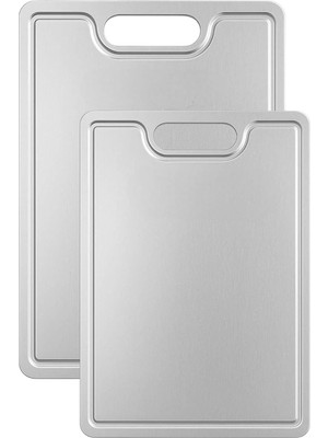OEM ® 2'li Paslanmaz Çelik Kesme Tahtası Seti – Su Kanallı Dayanıklı Metal Kesim Panosu – 23X34 cm ve 20X30 cm 1mm Mutfak Tahtası – Antibakteriyel Gıda Temasına Uygun