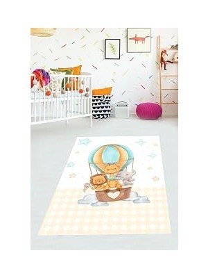 TeknoKapsül Pelangi Uçan Balonda Fil Aslan Zürafa ve Yıldızlı Yıkanabilir Kaymaz Taban Leke Tutmaz Çocuk Odası Halısık, Beyaz 180 x 250, 76420451802501