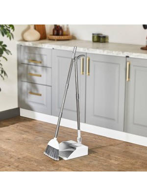 OEM Corner Taraklı ve Saplı Faraş Süpürge Seti - Katlanabilir Dik Faraş Takımı - Paslanmaz Çelik Saplı Ergonomik Temizlik Seti (Beyaz - Antrasit)