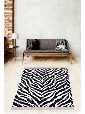 TeknoKapsül Pelangi Zebra Zeminli Patchwork Desenli Dijital Baskı Yıkanabilir Kaymaz Taban Modern Salon ve Hol Halısı, Siyah 80 x 500