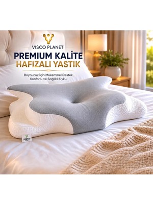 TeknoKapsül Visco Planet Ortopedik Visco Boyun Yastığı Memory Foam Boyun Destekli Ergonomik Uyku Yastığı 62X42X13/10 cm