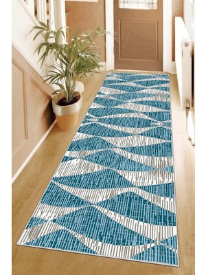 TeknoKapsül Pelangi Geometrik Desenli Dijital Baskı Yıkanabilir Kaymaz Taban Modern Salon Halısı ve Yolluk, Mavi 100 x 500, 95548041005007