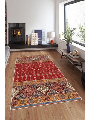 TeknoKapsül Pelangi Bordo Zemin Geometrik Desenli Yıkanabilir Kaymaz Taban Leke Tutmaz Modern Salon Halısı ve Yolluk, Kırmızı-Turuncu 100 x 500, 7457106210050005