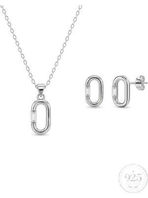 Servi 925 Ayar Gümüş Baget Taşlı Minimal Oval Kolye ve Küpe Seti
