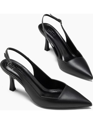 Alyano Natalia Siyah Cilt Sivri Burunlu Stiletto Kadın Topuklu Ayakabı