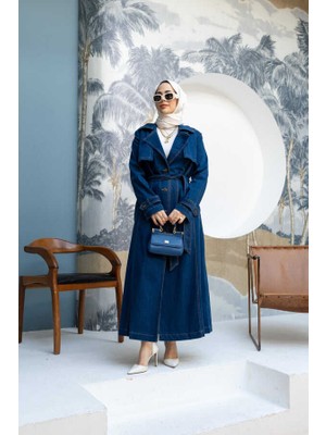 Neways 6458-UZUN Denim Trençkot Koyu Mavi