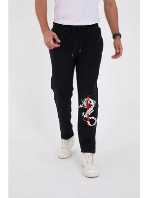 Erkek Kışlık Üç Iplik Baskılı Eşofman Pantolon - Siyah Mariposa Secret