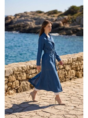 Neways 6669-DENIM Kemerli Trençkot Koyu Mavi