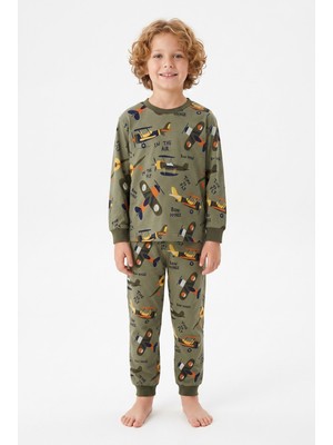Bunny Hopp Vintage Uçak Desenli %100 Pamuk Süprem Penye Kumaş Uzun Kollu Erkek Çocuk Pijama Takımı