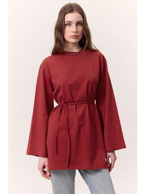 Manuka Bağlama Detaylı Kadın Oversize TShirt Kırmızı Uzun Kol Günlük Stil Orta Kalınlık