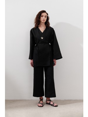 Keten Kruvaze Kapama Kimono Siyah