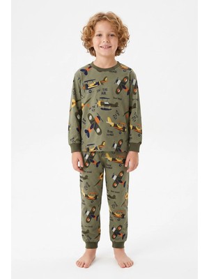 Bunny Hopp Vintage Uçak Desenli %100 Pamuk Süprem Penye Kumaş Uzun Kollu Erkek Çocuk Pijama Takımı