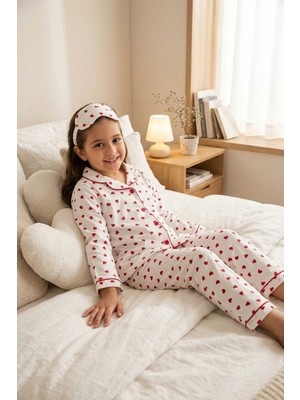 Ahengim Kız-Erkek Çocuk Çizgili Kalpli Puantiyeli Desenli Pamuklu Pijama Takımı Göz Bantlı 3 Lü Set AK2610