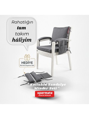 Xpermate 4 Parçalı Sırtlıklı Sandalye Minderi 46 x 46 cm Kol Pedli Su ve Leke Itici Bağcıklı Bahçe Balkon Minderi Seti