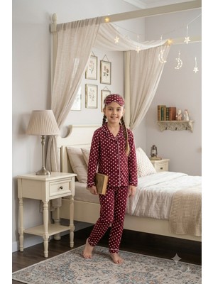 Ahengim Kız-Erkek Çocuk Çizgili Kalpli Puantiyeli Desenli Pamuklu Pijama Takımı Göz Bantlı 3 Lü Set AK2610