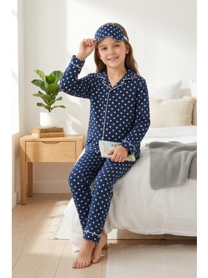 Ahengim Kız-Erkek Çocuk Çizgili Kalpli Puantiyeli Desenli Pamuklu Pijama Takımı Göz Bantlı 3 Lü Set AK2610