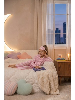 Ahengim Kız-Erkek Çocuk Çizgili Kalpli Puantiyeli Desenli Pamuklu Pijama Takımı Göz Bantlı 3 Lü Set AK2610