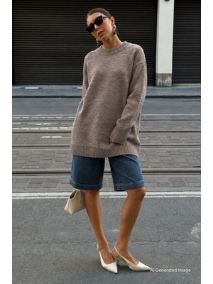 Madmext Vizon Bisiklet Yaka Oversize Uzun Kadın Triko Kazak MG2890