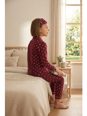 Ahengim Kız-Erkek Çocuk Çizgili Kalpli Puantiyeli Desenli Pamuklu Pijama Takımı Göz Bantlı 3 Lü Set AK2610